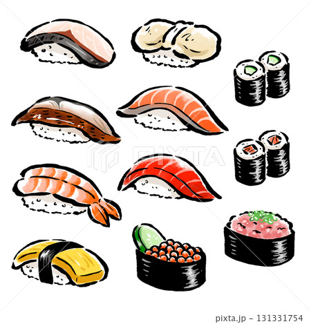 色々なお寿司　筆タッチ手描きイラスト 131331754
