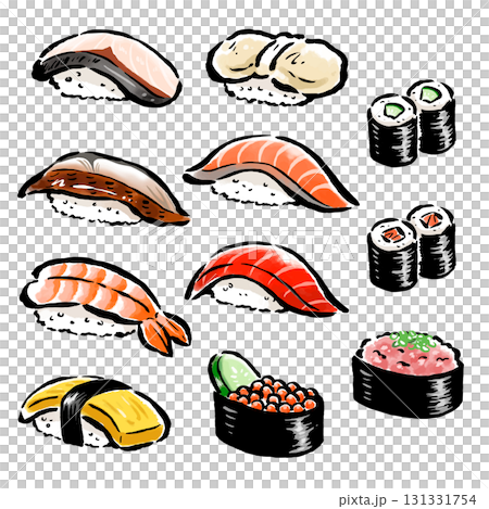 色々なお寿司　筆タッチ手描きイラスト 131331754