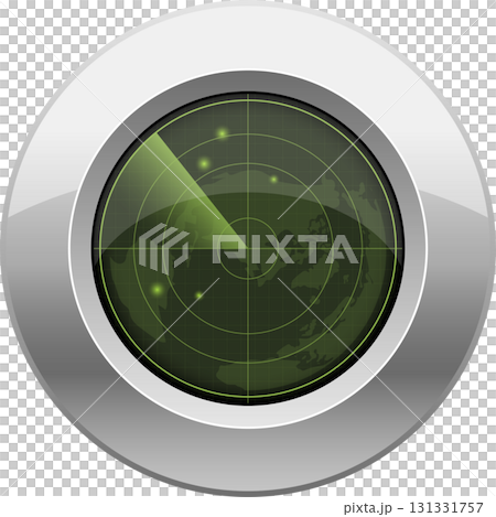 Green radar screen with glowing sweep arm on world map background in round chrome housing. Green radar screen with glowing sweep arm on world map background in round chrome housing. 131331757