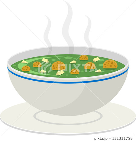 Hot bowl of green soup with dumplings and cheese cubes sitting on white plate with steam rising Hot bowl of green soup with dumplings and cheese cubes sitting on white plate with steam rising 131331759
