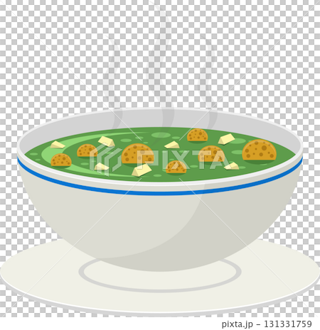 Hot bowl of green soup with dumplings and cheese cubes sitting on white plate with steam rising Hot bowl of green soup with dumplings and cheese cubes sitting on white plate with steam rising 131331759