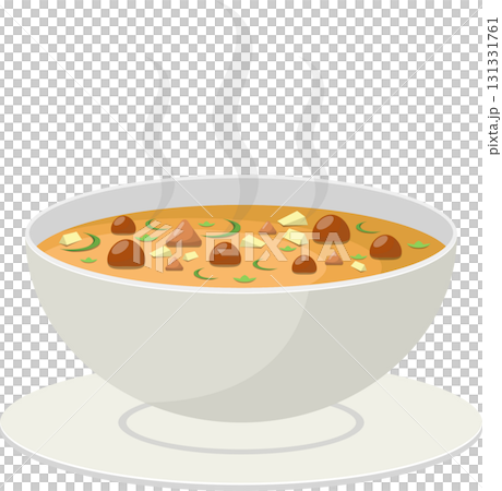 Steaming bowl of hearty soup with meatballs and vegetables, served on a pristine white plate. 131331761