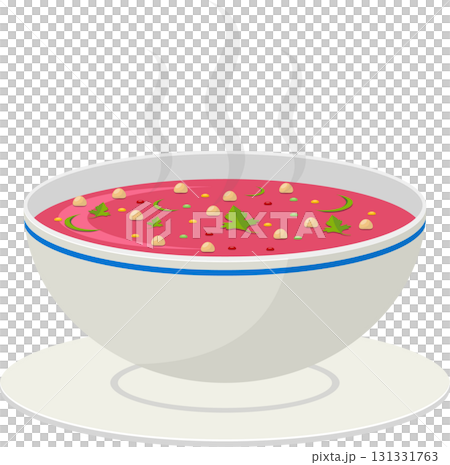 Steaming bowl of vibrant pink soup with savory toppings, garnished with fresh herbs and spices. 131331763