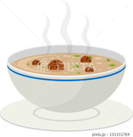 Illustration of a steaming bowl of soup with meatballs and garnish on a white saucer. 131331764