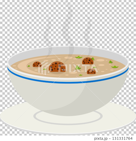 Illustration of a steaming bowl of soup with meatballs and garnish on a white saucer. Illustration of a steaming bowl of soup with meatballs and garnish on a white saucer. 131331764