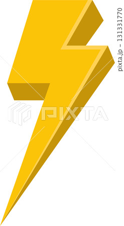 A bright yellow, angled, 3D-rendered lightning bolt against a stark black background. 131331770