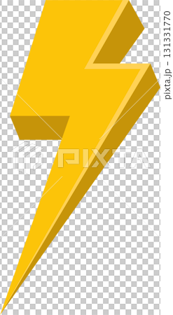 A bright yellow, angled, 3D-rendered lightning bolt against a stark black background. 131331770