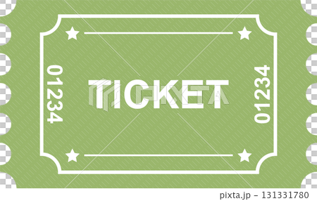 Green ticket with white borders, stars, text 'TICKET', and number '01234'.  Admit one passage. 131331780