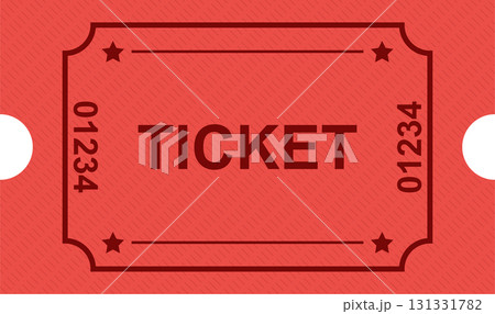 Retro-styled admission ticket with decorative stars and perforated edges on red patterned background. 131331782