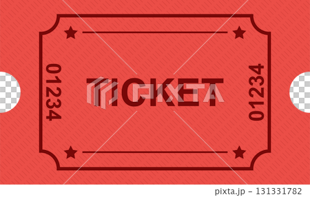 Retro-styled admission ticket with decorative stars and perforated edges on red patterned background. 131331782