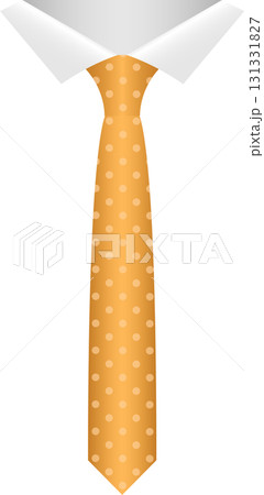 A stylish orange tie with white polka dots and a crisp white shirt collar on a black background. 131331827