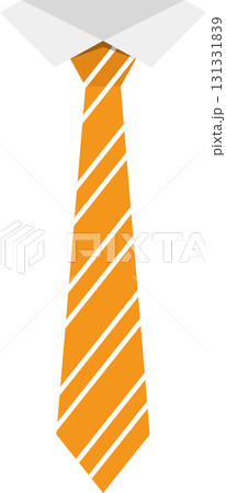 A vibrant orange tie with white diagonal stripes complements a crisp white shirt collar. 131331839