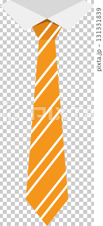 A vibrant orange tie with white diagonal stripes complements a crisp white shirt collar. 131331839