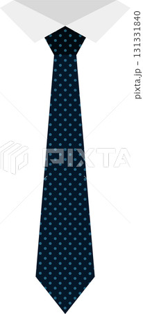 Illustration of a white collared shirt with a dark blue necktie decorated with light blue polka dots. 131331840