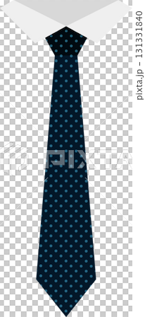 Illustration of a white collared shirt with a dark blue necktie decorated with light blue polka dots. 131331840