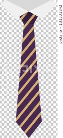 A purple tie with gold stripes is paired with a formal white collared shirt for a clean look. 131331842