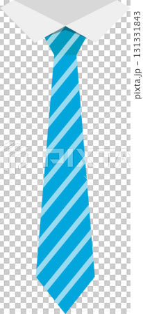 A flat vector graphic of a light blue striped tie underneath a white collared shirt. 131331843