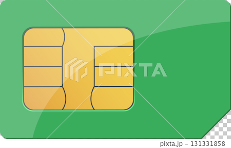 Green SIM card with gold chip. Mobile connectivity and network access in a compact design. 131331858