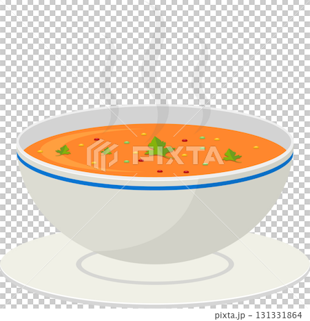 Steaming bowl of soup with garnishes and vibrant color, promising warmth and savory flavors. 131331864