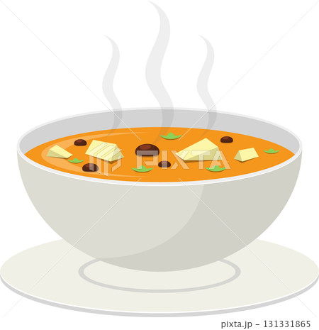A bowl of hot soup with tofu and vegetables steaming above a plate. Simple food artwork. 131331865
