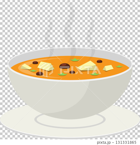 A bowl of hot soup with tofu and vegetables steaming above a plate. Simple food artwork. A bowl of hot soup with tofu and vegetables steaming above a plate. Simple food artwork. 131331865