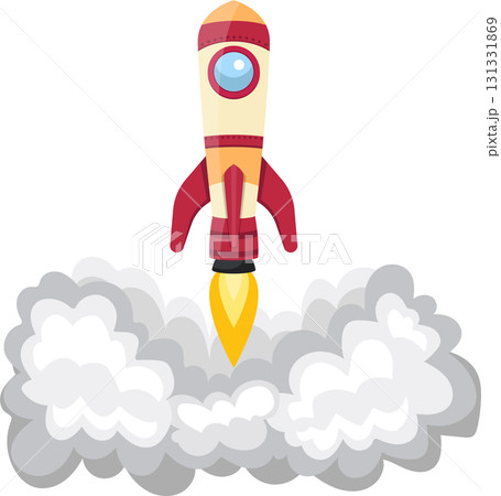 Cartoon rocket launching into space, surrounded by smoke plumes during liftoff animation. 131331869