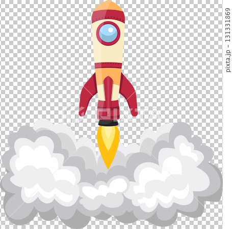 Cartoon rocket launching into space, surrounded by smoke plumes during liftoff animation. 131331869