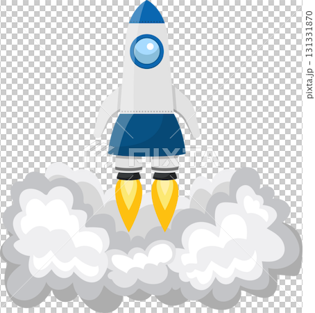 Cartoon rocket launching, billowing smoke and fire propulsion, ready for interstellar travel Cartoon rocket launching, billowing smoke and fire propulsion, ready for interstellar travel 131331870