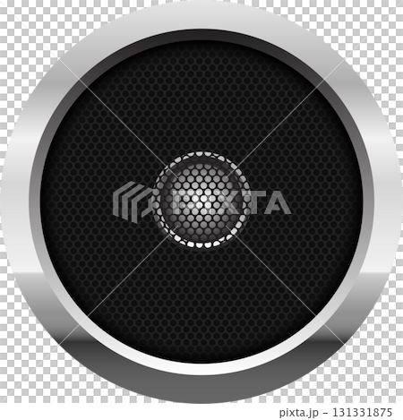 Circular speaker with a metallic border and dark mesh center. Modern design for audio equipment. 131331875