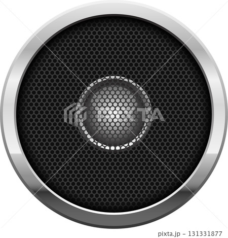 Round metal speaker with black mesh cover and a smaller center sphere, all set on black background Round metal speaker with black mesh cover and a smaller center sphere, all set on black background 131331877