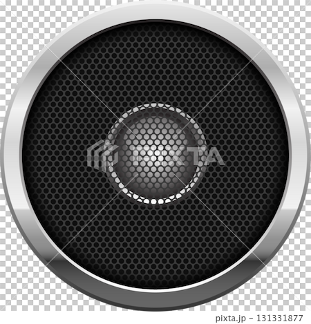 Round metal speaker with black mesh cover and a smaller center sphere, all set on black background Round metal speaker with black mesh cover and a smaller center sphere, all set on black background 131331877