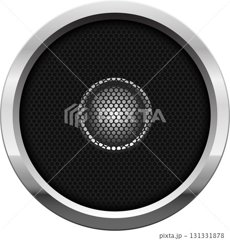A modern audio speaker with a polished silver surround, a black grill, and a silver center. A modern audio speaker with a polished silver surround, a black grill, and a silver center. 131331878