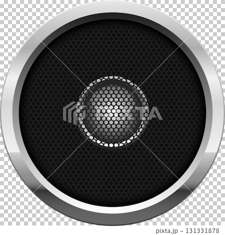 A modern audio speaker with a polished silver surround, a black grill, and a silver center. A modern audio speaker with a polished silver surround, a black grill, and a silver center. 131331878