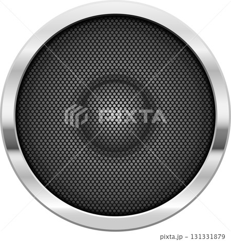 A round object has a silver outer ring and a metal grill with small circular perforations. A round object has a silver outer ring and a metal grill with small circular perforations. 131331879