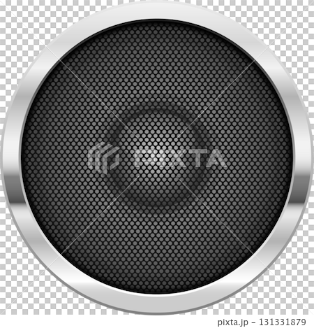 A round object has a silver outer ring and a metal grill with small circular perforations. A round object has a silver outer ring and a metal grill with small circular perforations. 131331879