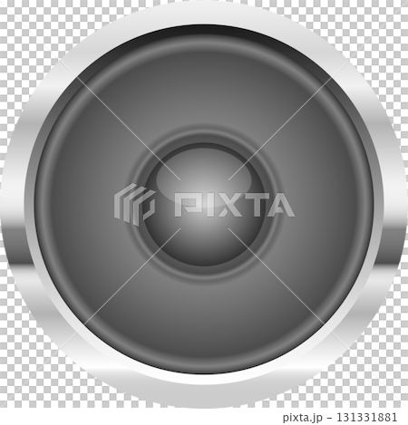 A glossy gray audio speaker with a metallic silver rim, centered against a plain black backdrop. 131331881