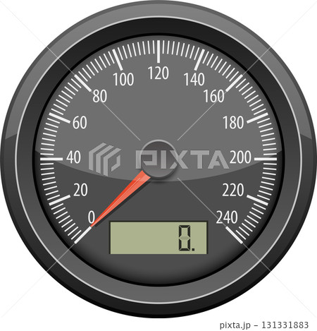 Black speedometer reading zero. The needle is red and the numbers are white. Round and shiny. 131331883