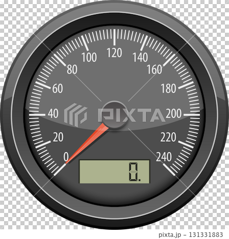Black speedometer reading zero. The needle is red and the numbers are white. Round and shiny. 131331883
