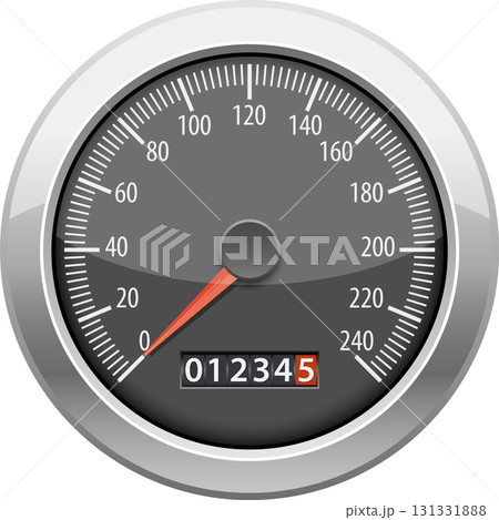 Close-up of a vehicle speedometer with a red needle pointing to speed with counter showing mileage. 131331888