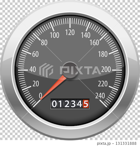 Close-up of a vehicle speedometer with a red needle pointing to speed with counter showing mileage. 131331888