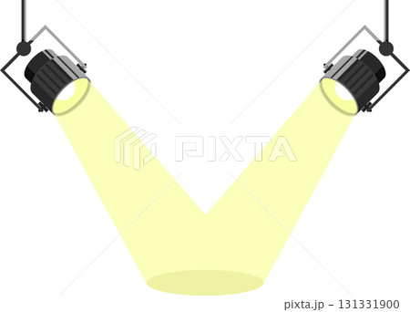 Two spotlights shine down with yellow beams, illuminating a stage or performance area. 131331900