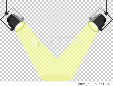 Two spotlights shine down with yellow beams, illuminating a stage or performance area. Two spotlights shine down with yellow beams, illuminating a stage or performance area. 131331900