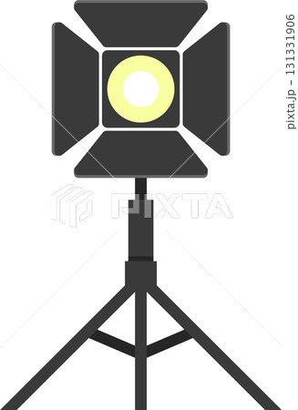 Isolated illustration of a studio light with a yellow bulb, mounted on a tripod stand. 131331906
