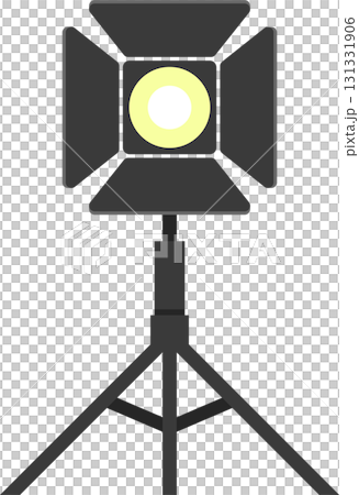 Isolated illustration of a studio light with a yellow bulb, mounted on a tripod stand. 131331906