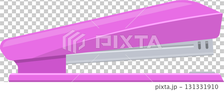 A shiny pink stapler sits horizontally. The stapler looks brand new and ready to bind some papers. 131331910