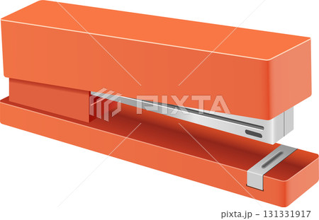 Orange desktop stapler for fastening paper together, a common office supply and school tool 131331917