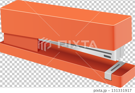 Orange desktop stapler for fastening paper together, a common office supply and school tool 131331917