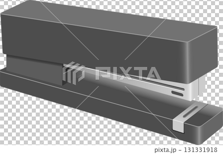 A gray office stapler with a silver lever, used for fastening papers together, against a black background. A gray office stapler with a silver lever, used for fastening papers together, against a black background. 131331918