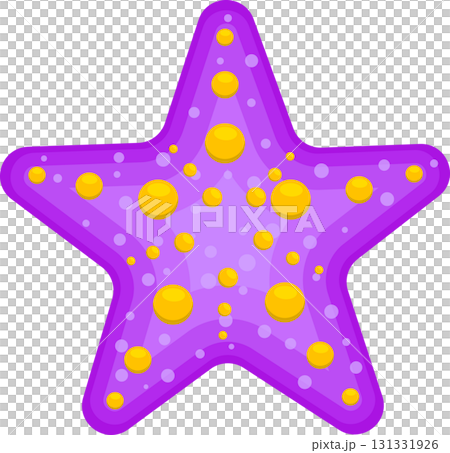 Cartoon depiction of a purple and yellow starfish with radial symmetry against a black backdrop. 131331926