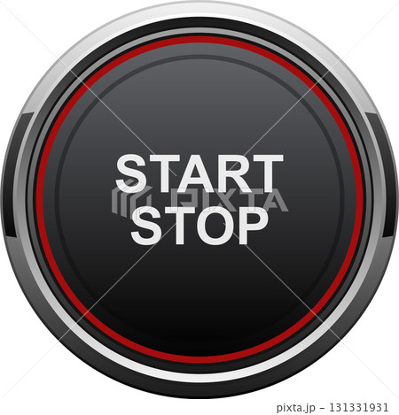 A shiny gray button surrounded with a red stripe and that has the words START STOP on it. 131331931